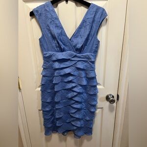 LONDON TIMES BLUE STRETCH TIERED DRESS Ruffle FULLY LINED Women SIZE 6 Sleeveles